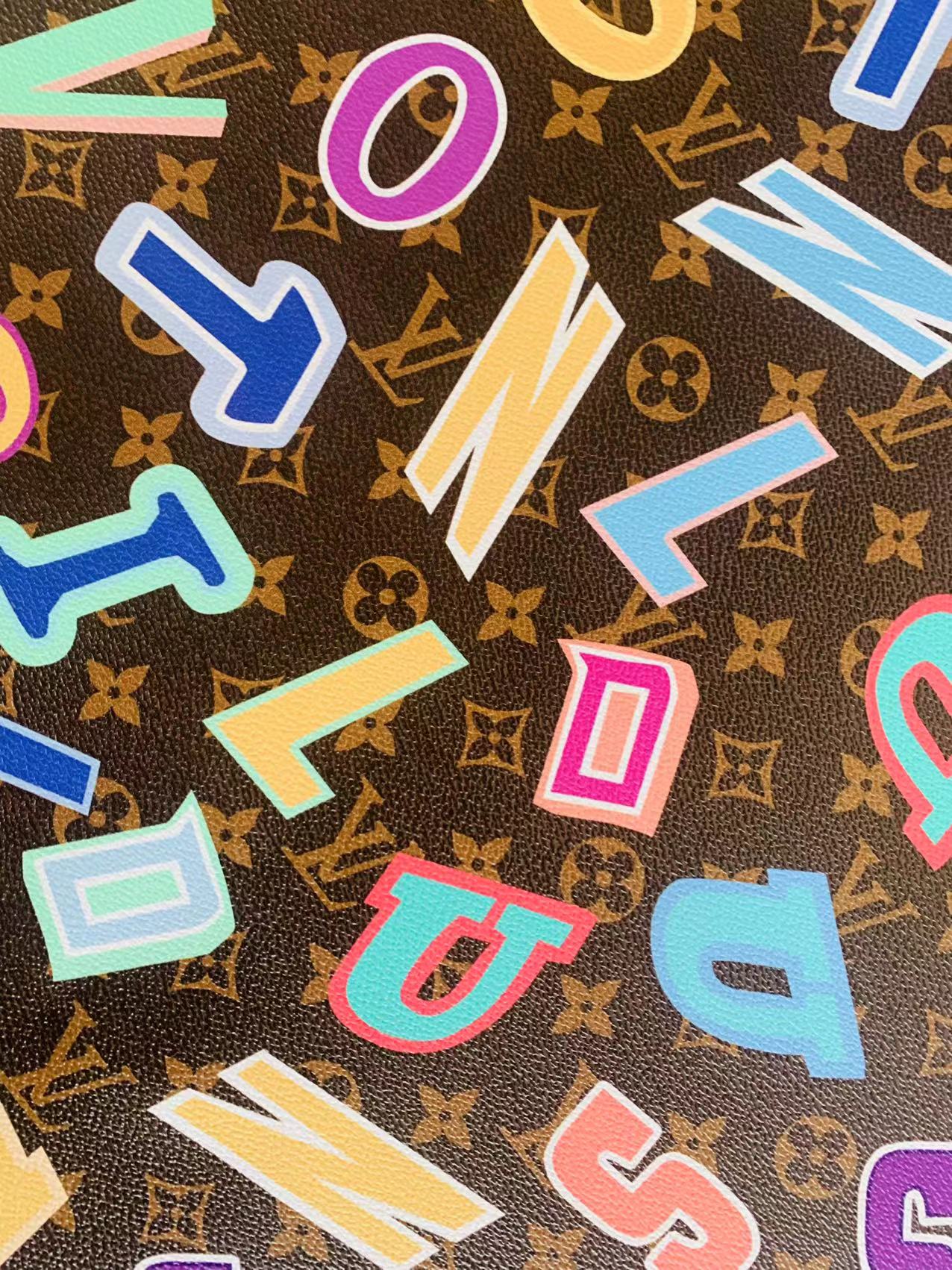 Classic LV Colorful Word Leather Crafting Fabric For Handmade Bags ,Shoes ,Bike and DIY Handicrafts By Yard