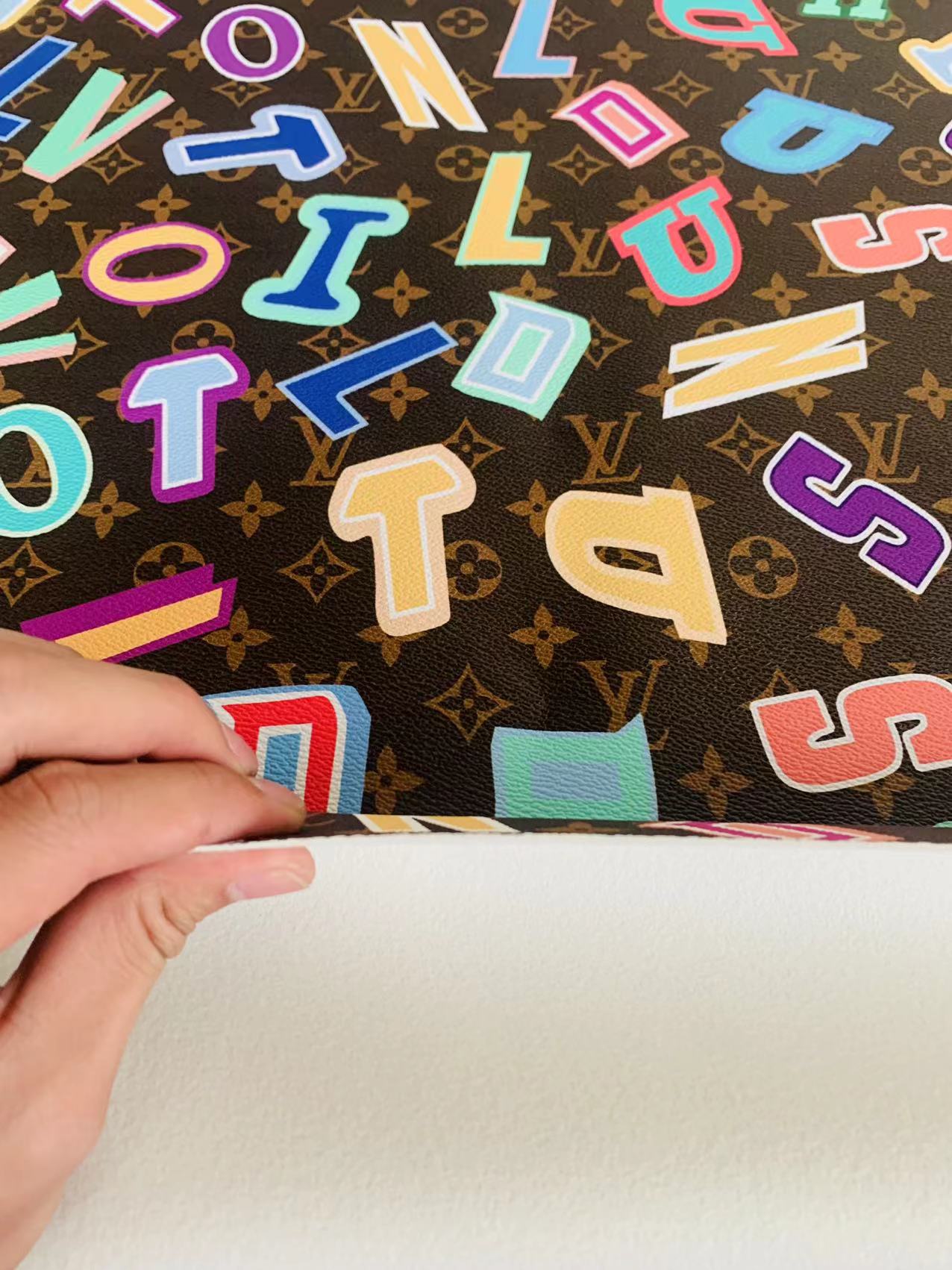 Classic LV Colorful Word Leather Crafting Fabric For Handmade Bags ,Shoes ,Bike and DIY Handicrafts By Yard