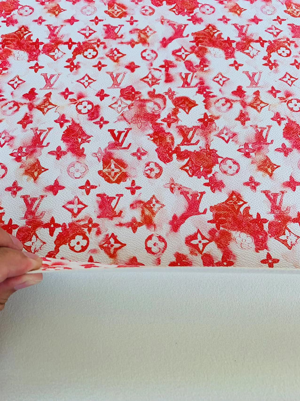 Classic Watercolour LV Leather Case Fabric, Handmade Bag Fabric, Hand-made Shoes Fabric By Yard (Red)