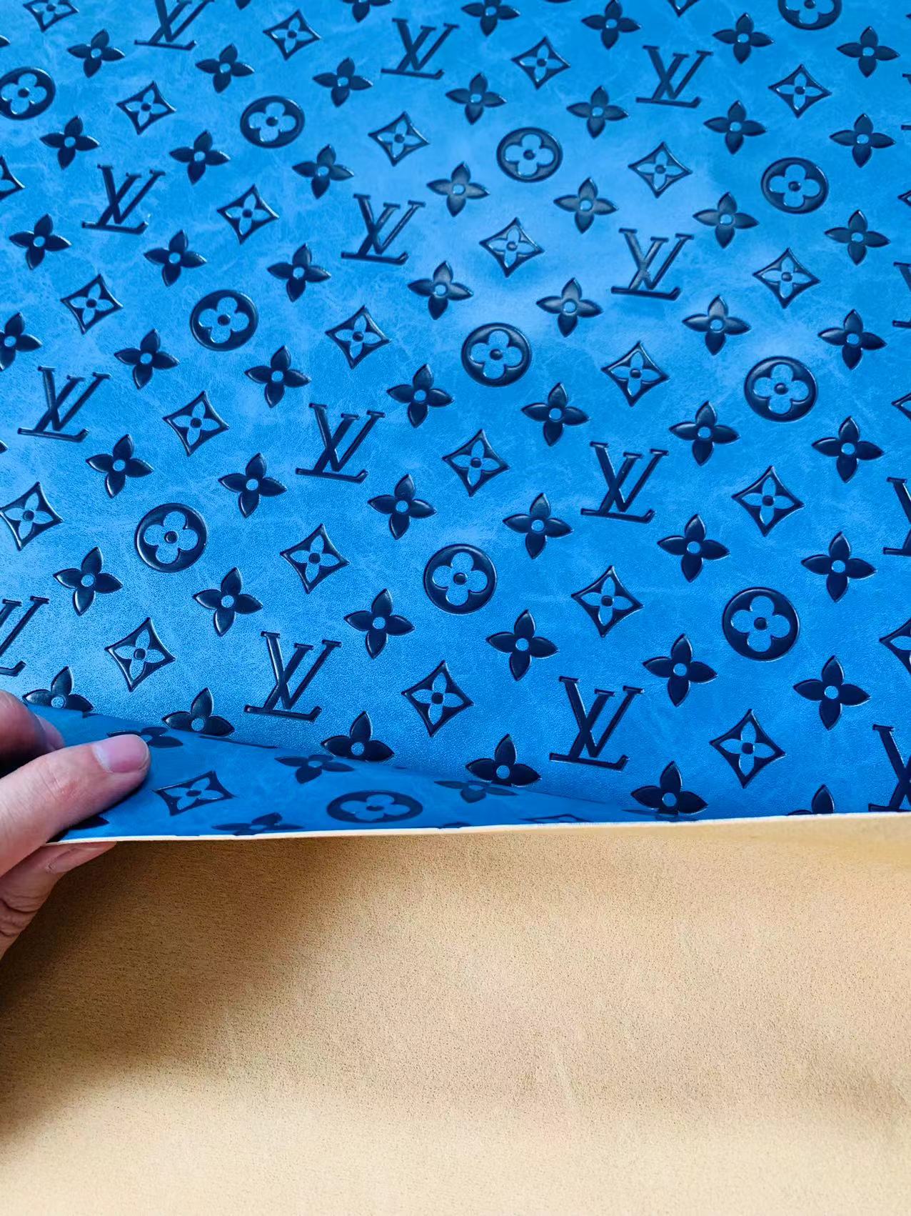 Fashion LV Vantage Embossed Leather Fabric For Handmade Handicrafts，DIY Shoes ,Customized Bags LV Design Leather By Yard (Blue)