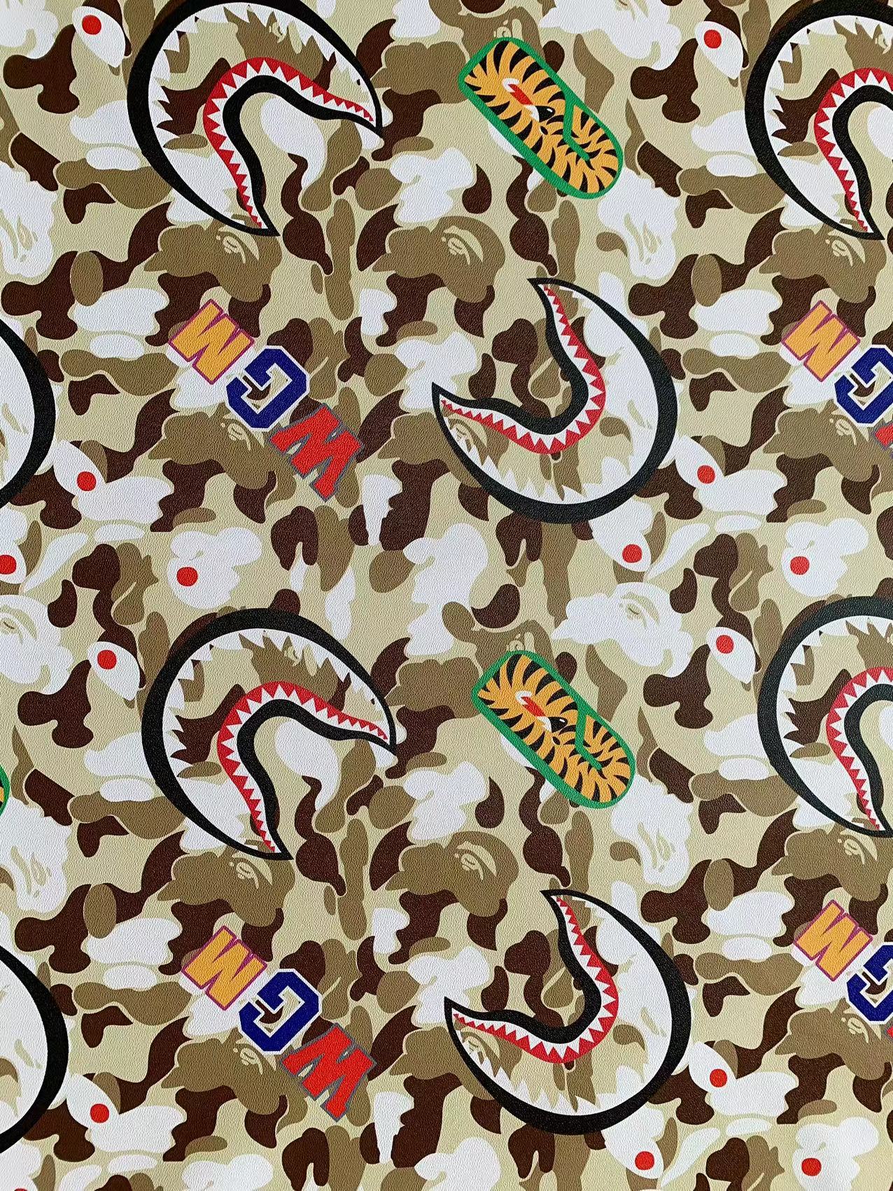 Tianchao New Camouflage Color Bape Shark Teeth WGM Design Custom Leather Fabric For Bags Leather Shoes Custom Leather By Yard