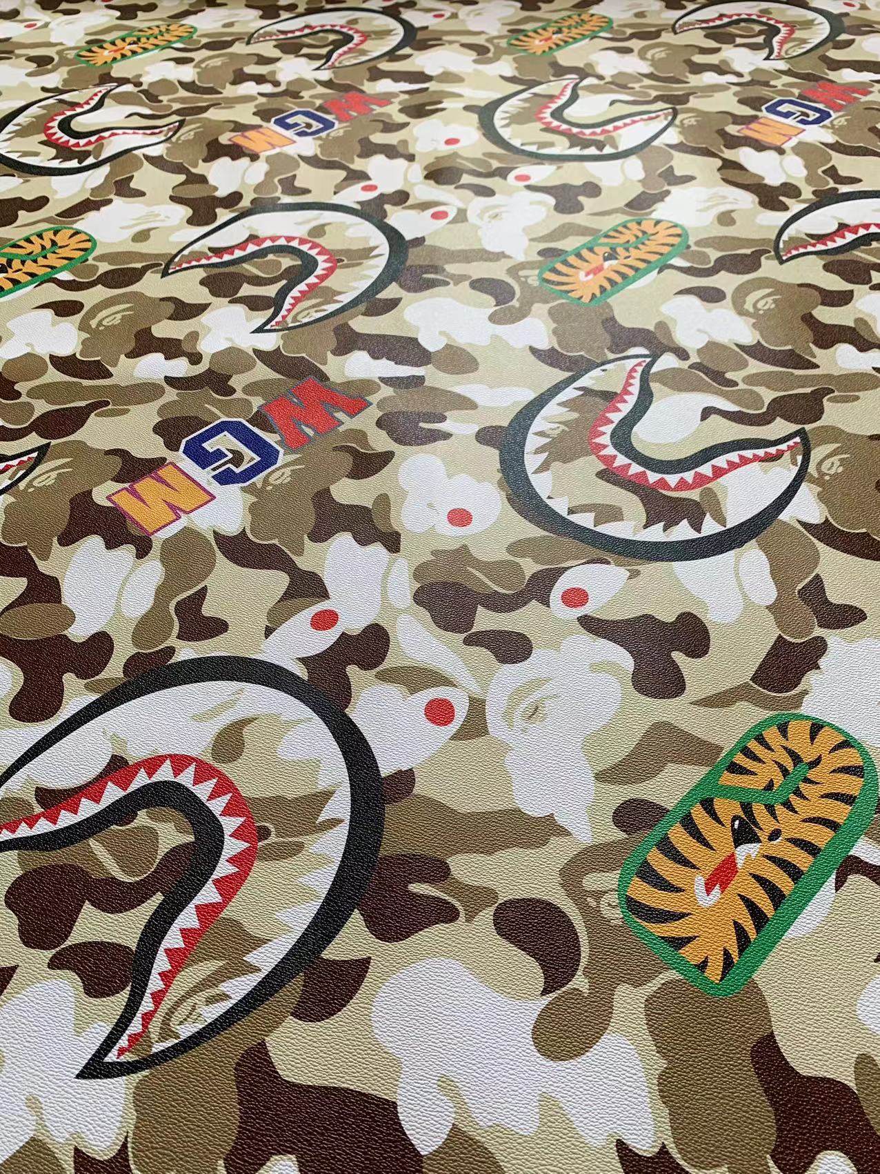 Tianchao New Camouflage Color Bape Shark Teeth WGM Design Custom Leather Fabric For Bags Leather Shoes Custom Leather By Yard