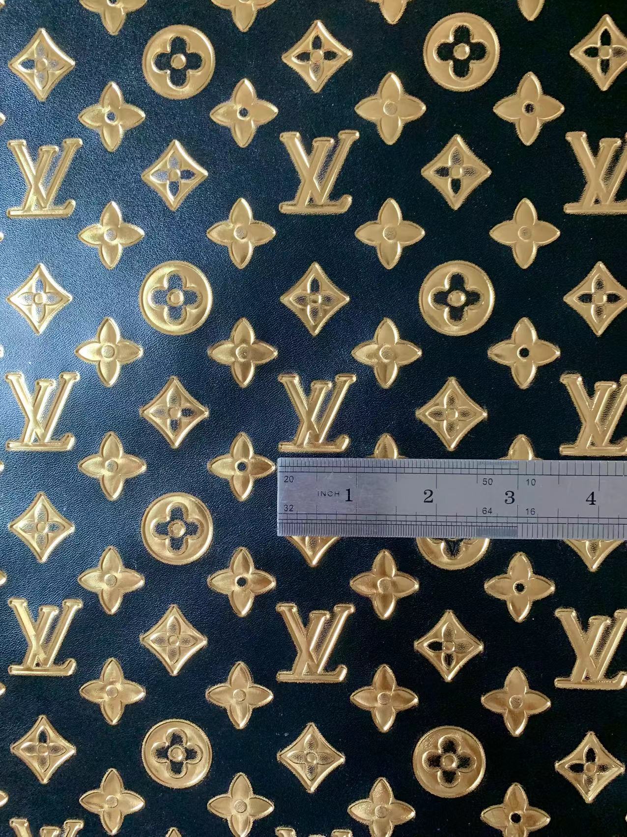 Classic LV Gilding Embossed Leather Fabric ,Handmade Bags Leather ,Handmade Shoes Leather By Yard(Black with gold word)