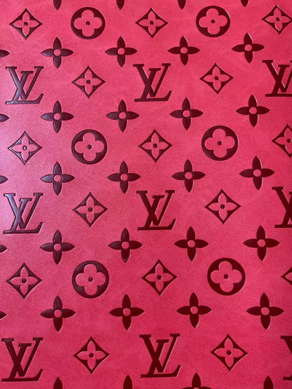 Fashion LV Vantage Embossed Leather Fabric For Handmade Handicrafts，DIY Shoes ,Customized Bags LV Design Leather By Yard (Red)