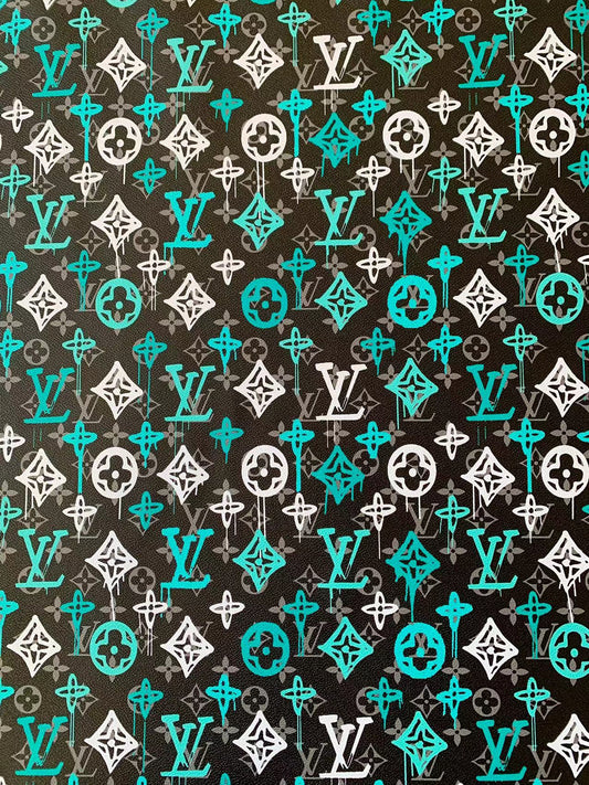 Craft Green With White Graffiti Design LV Leather Fabric For Handicraft Sneaker Upholstery By Yard