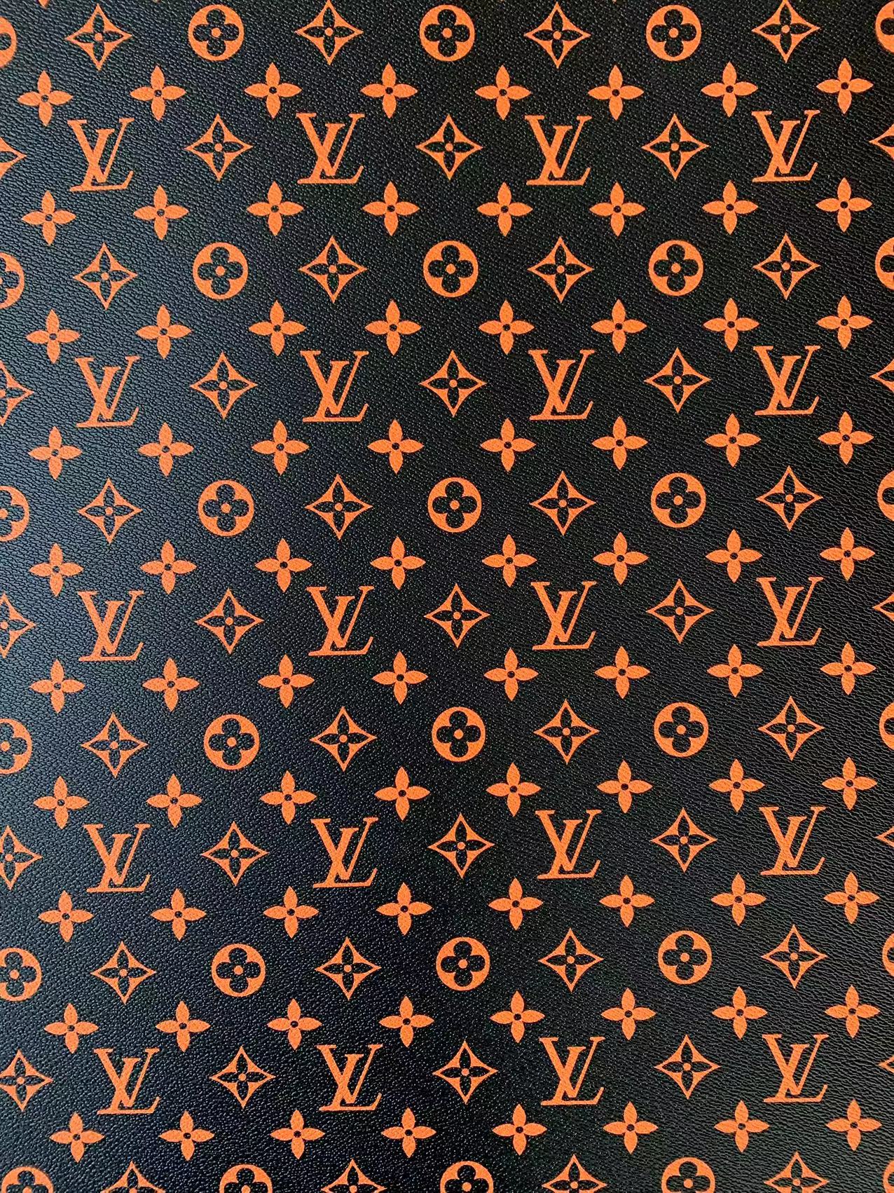 Classic Black With Orange LV vinyl crafting leather fabric For Handmade Shoes ,Bags and DIY Handicrafts By Yard