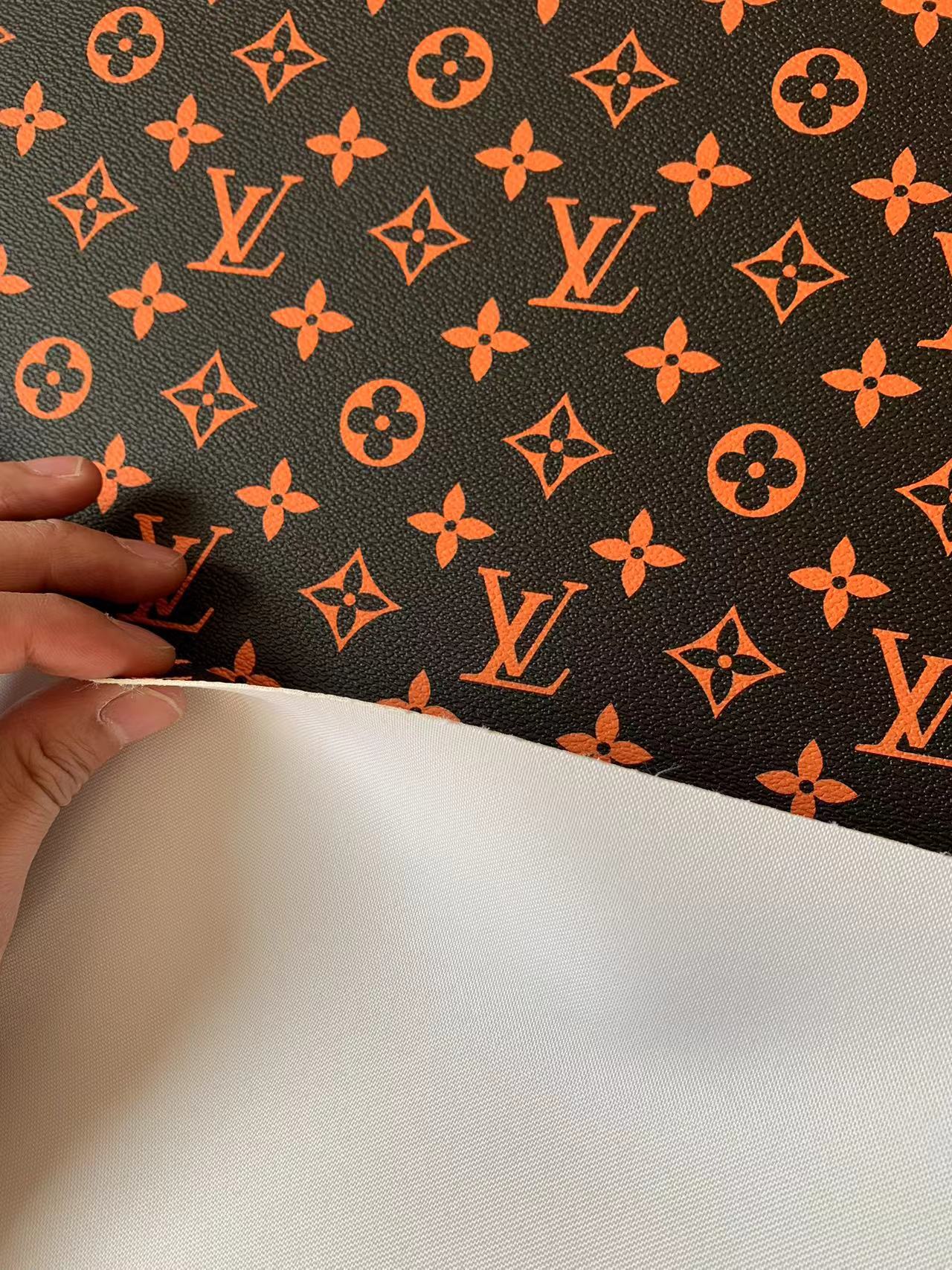 Classic Black With Orange LV vinyl crafting leather fabric For Handmade Shoes ,Bags and DIY Handicrafts By Yard