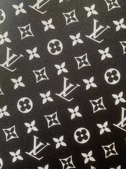 Fashion Black With White LV Vinyl Leather Fabric Material For Handmade Hancirafts Goods By Yards