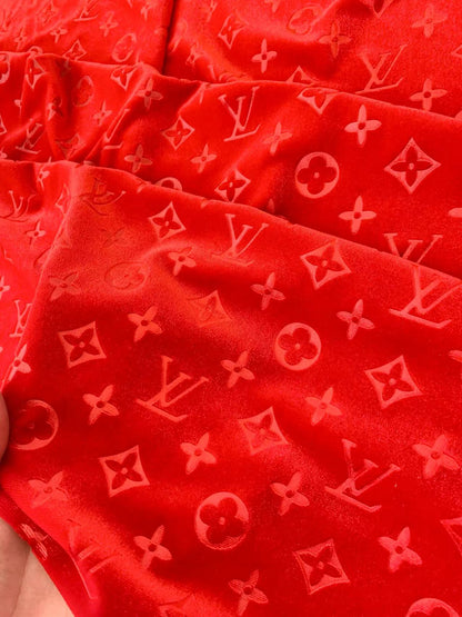 Popular Luxury LV Knitting Velvet Fabric For Handmade Sneaker,Car Upholstery and Apparel By Yard (Red)