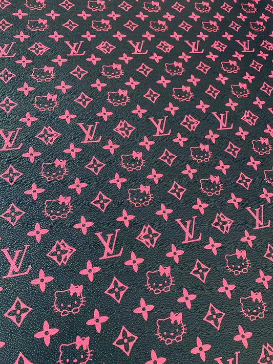 Fashion Black With Pink LV Hello Kitty Vinyl Leather For Bag ,Shoes ,Handicraft Upholstery By Yards