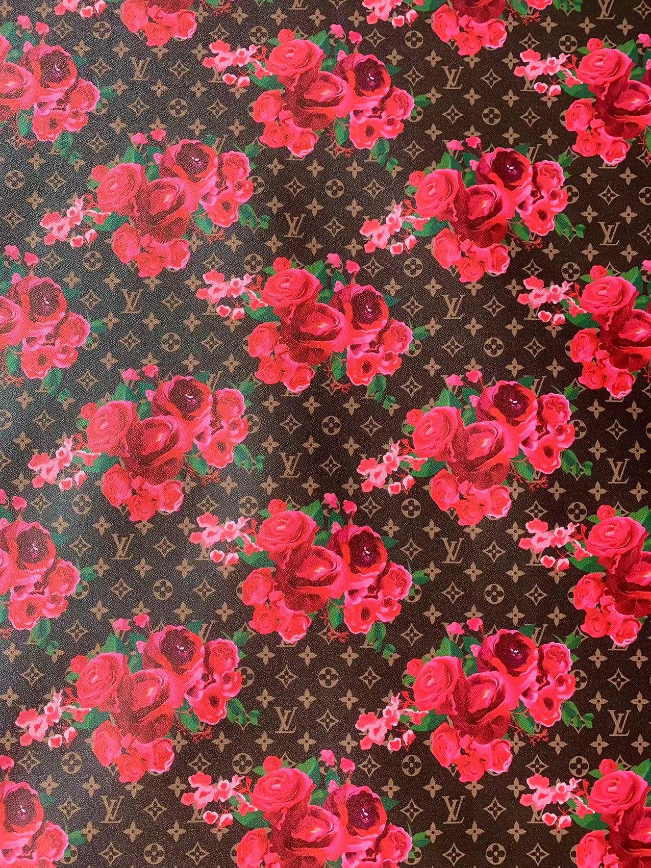 Brown Background LV With Red Rose Design Leather Fabric For Handmade Bags,Sneaker,Furniture Goods