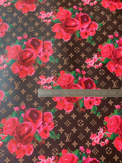 Brown Background LV With Red Rose Design Leather Fabric For Handmade Bags,Sneaker,Furniture Goods