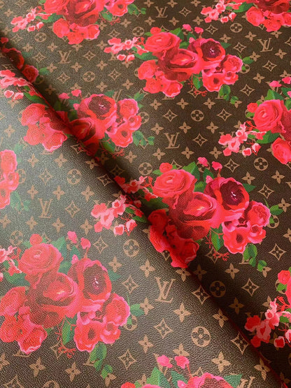 Brown Background LV With Red Rose Design Leather Fabric For Handmade Bags,Sneaker,Furniture Goods