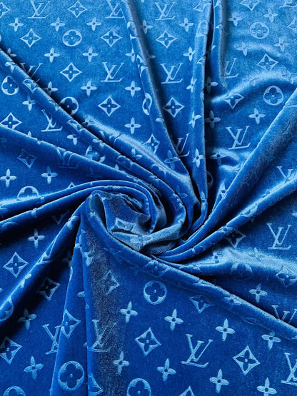 Popular Luxury LV Knitting Velvet Fabric For Handmade Sneaker,Car Upholstery and Apparel By Yard(Sapphire Blue)