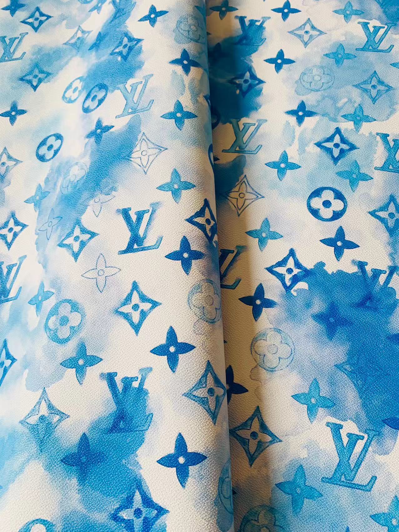 New 4CM Size Watercolour Blue LV Leather Fabric For Handmade Bag, Shoes Upholstery By Yard