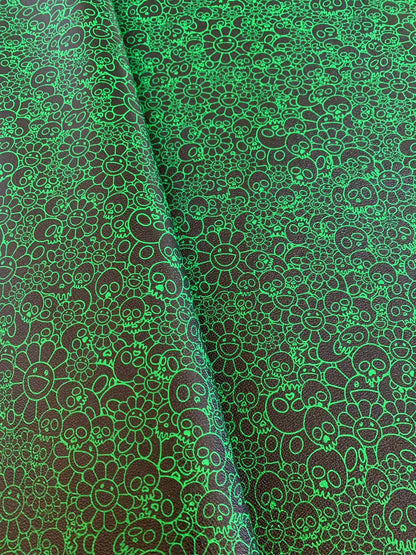 New Green With Black Takashi Murakami Leather Fabric For Handmade Sneaker,Upholstery Goods