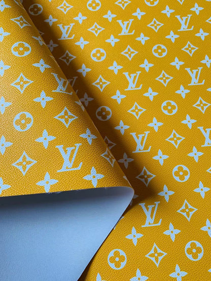 Fashion Yellow With White LV Vinyl Leather Fabric For Handmade Sneaker,Furniture ,Upholstery Goods By Yard