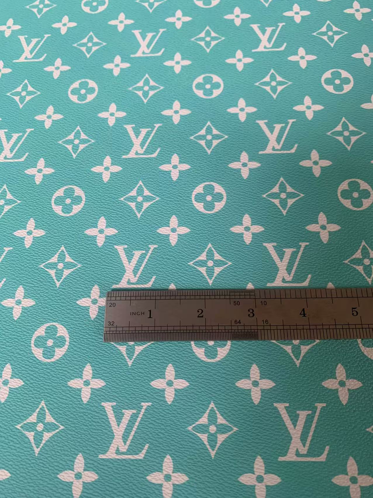 Fashion Turquoise With White LV Vinyl Leather Fabric For Handmade Sneaker,Furniture ,Upholstery Goods By Yard