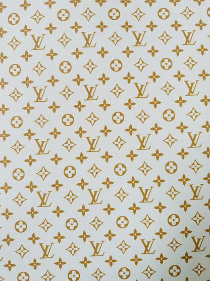 Fashion White With Gold LV Vinyl Leather For Handmade Sneaker, Upholstery Handicraft By Yard
