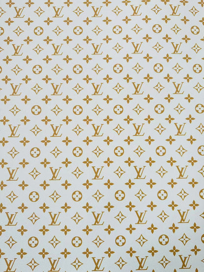 Fashion White With Gold LV Vinyl Leather For Handmade Sneaker, Upholstery Handicraft By Yard