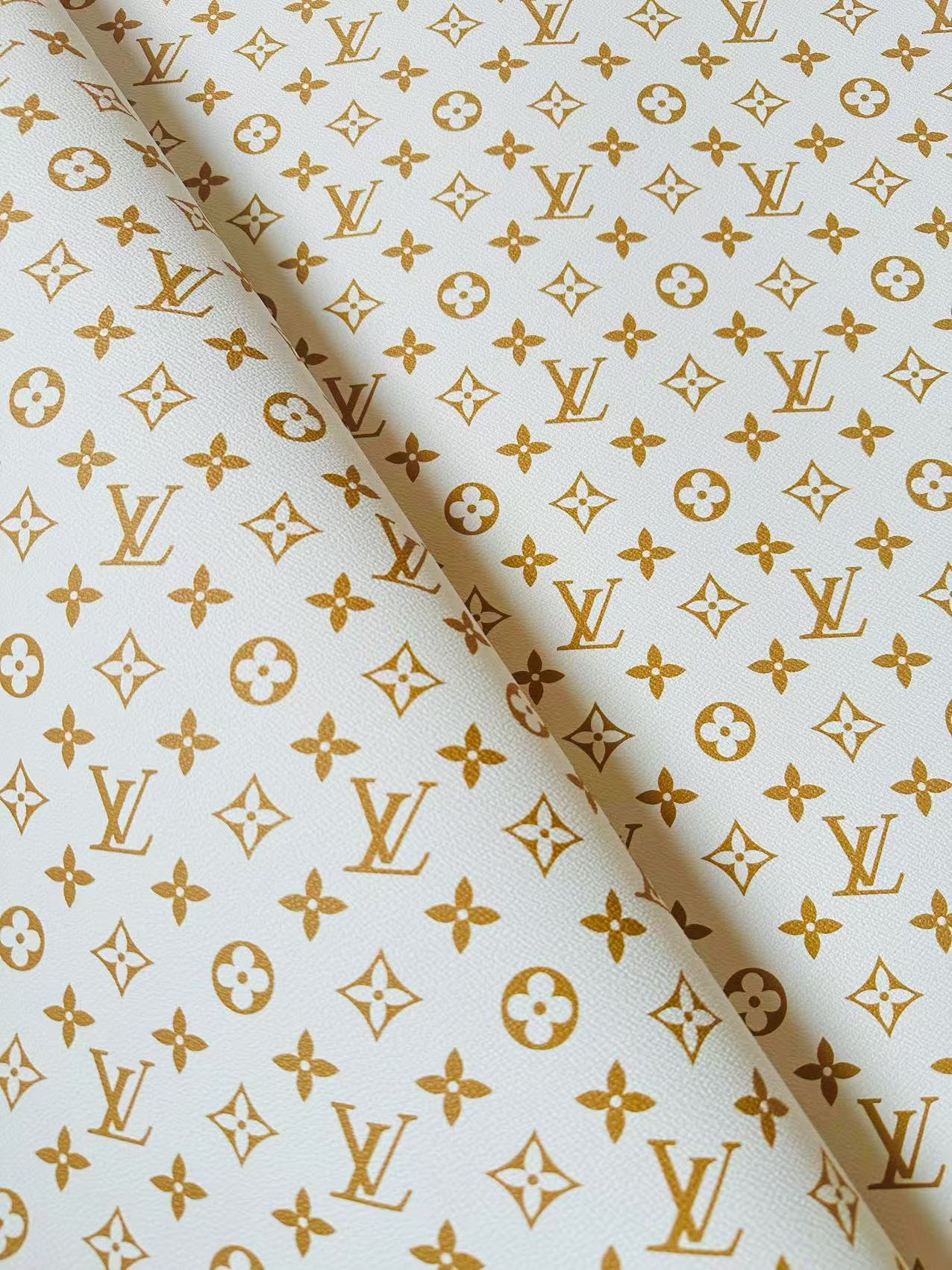 Fashion White With Gold LV Vinyl Leather For Handmade Sneaker, Upholstery Handicraft By Yard