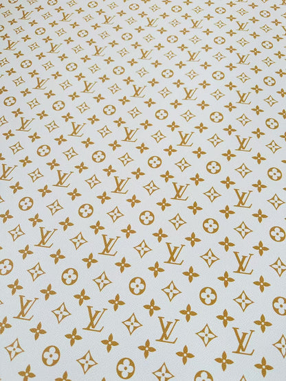 Fashion White With Gold LV Vinyl Leather For Handmade Sneaker, Upholstery Handicraft By Yard