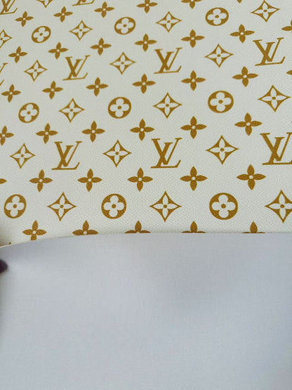 Fashion White With Gold LV Vinyl Leather For Handmade Sneaker, Upholstery Handicraft By Yard