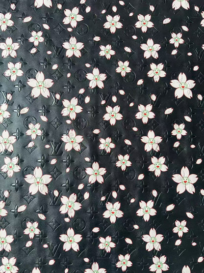 Fashion Black LV With Cherry Blossoms Embossed Leather For Handmade Sneaker,Bag ,Upholstery By Yard