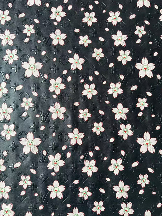 Fashion Black LV With Cherry Blossoms Embossed Leather For Handmade Sneaker,Bag ,Upholstery By Yard