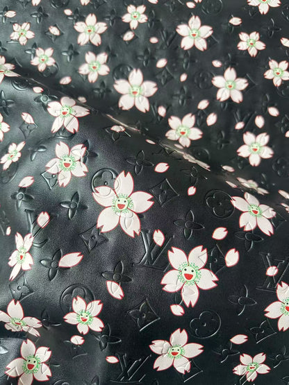 Fashion Black LV With Cherry Blossoms Embossed Leather For Handmade Sneaker,Bag ,Upholstery By Yard
