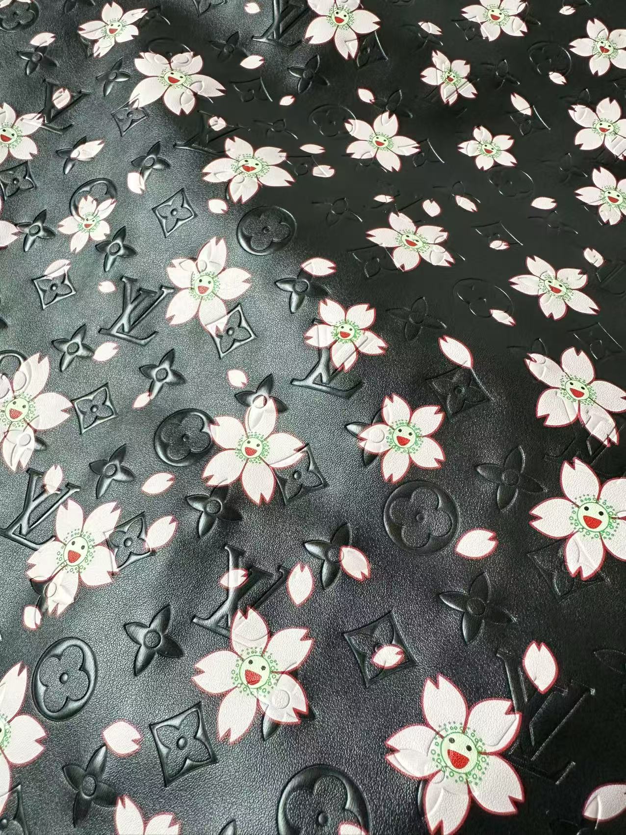 Fashion Black LV With Cherry Blossoms Embossed Leather For Handmade Sneaker,Bag ,Upholstery By Yard