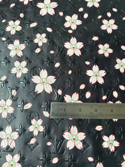 Fashion Black LV With Cherry Blossoms Embossed Leather For Handmade Sneaker,Bag ,Upholstery By Yard