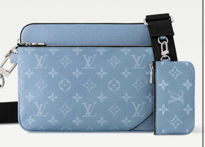 Fashion Mist Blue LV Vinyl Leather Fabric For Handmade Shoes, Wallet,Upholstery Goods By Yard