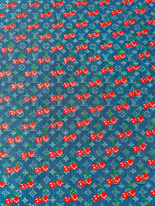 Craft Wash LV With Cherry Jacquard Denim Jean Fabric For Handmade Sewing DIY Upholstery ,Apparel, Sneaker By Yard