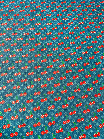 Craft Wash LV With Cherry Jacquard Denim Jean Fabric For Handmade Sewing DIY Upholstery ,Apparel, Sneaker By Yard
