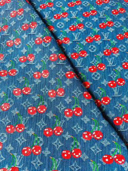 Craft Wash LV With Cherry Jacquard Denim Jean Fabric For Handmade Sewing DIY Upholstery ,Apparel, Sneaker By Yard