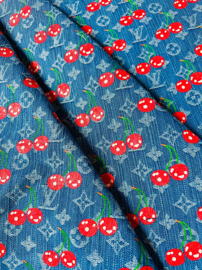 Craft Wash LV With Cherry Jacquard Denim Jean Fabric For Handmade Sewing DIY Upholstery ,Apparel, Sneaker By Yard