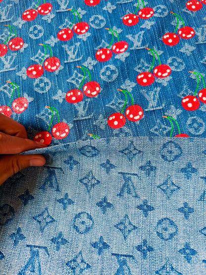 Craft Wash LV With Cherry Jacquard Denim Jean Fabric For Handmade Sewing DIY Upholstery ,Apparel, Sneaker By Yard