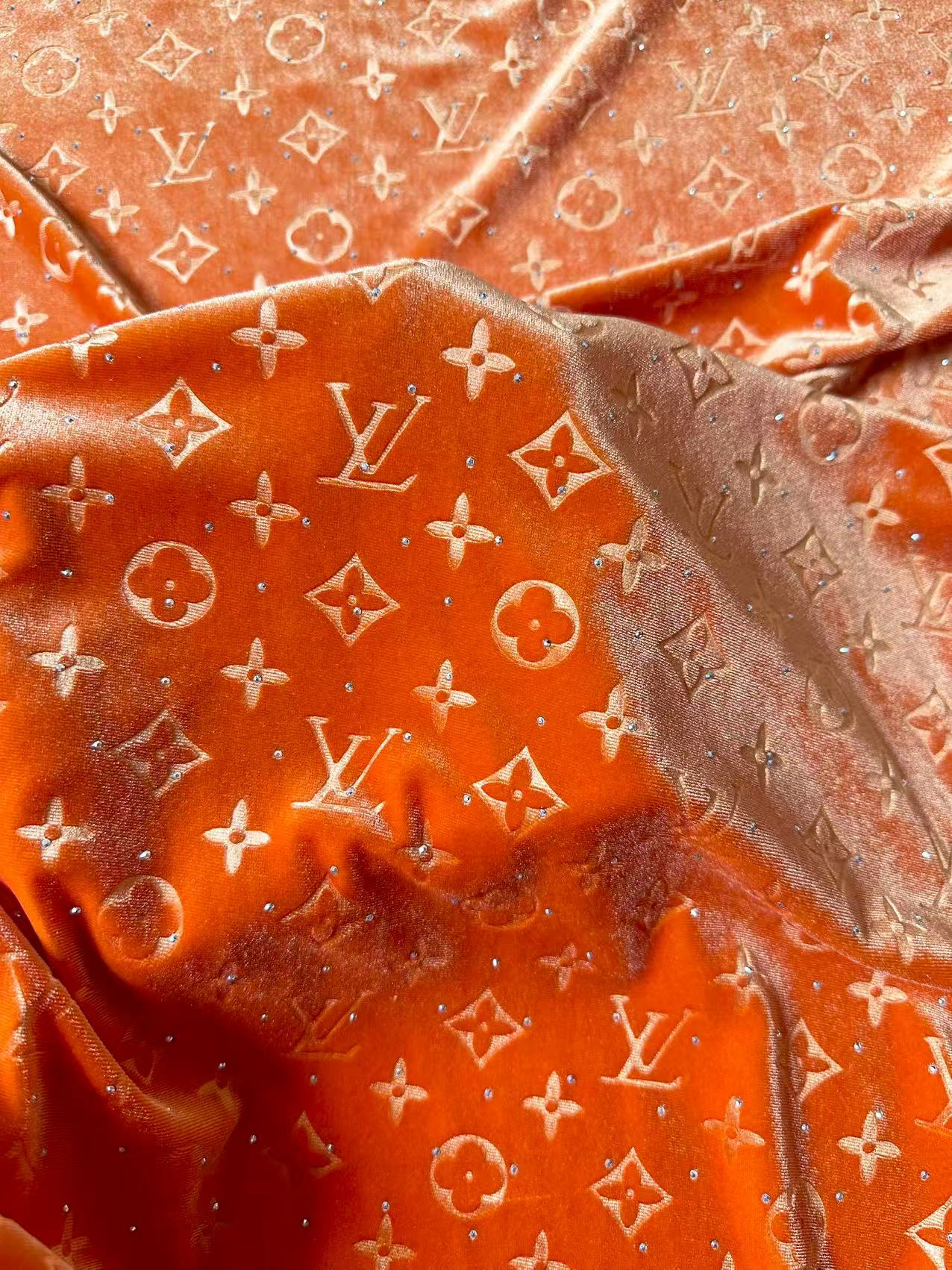 Fashion Luxury LV With Diamond Knitting Velvet Fabric For Handmade Sneaker, Upholstery ,Apparel By Yard(Orange)
