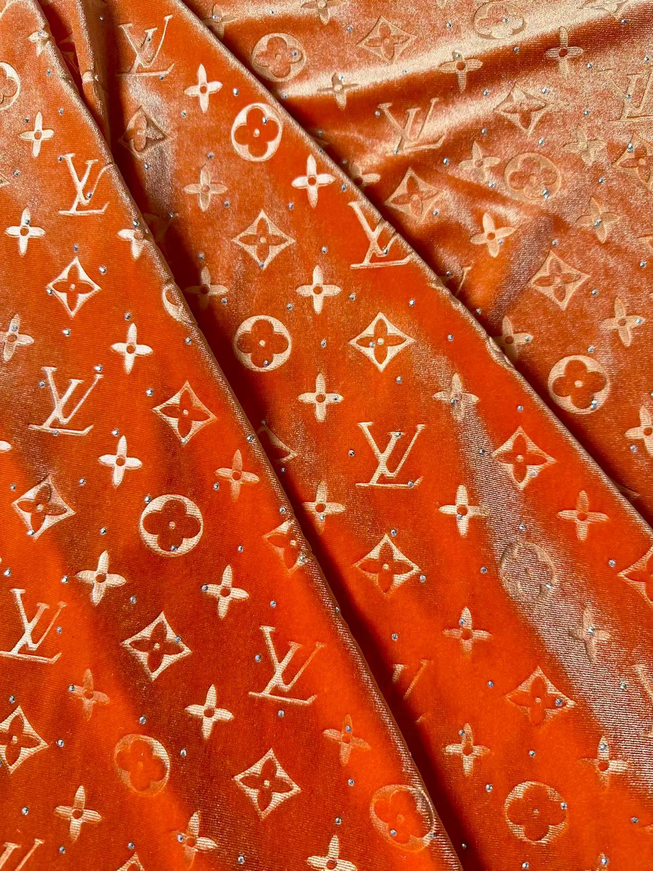 Fashion Luxury LV With Diamond Knitting Velvet Fabric For Handmade Sneaker, Upholstery ,Apparel By Yard(Orange)