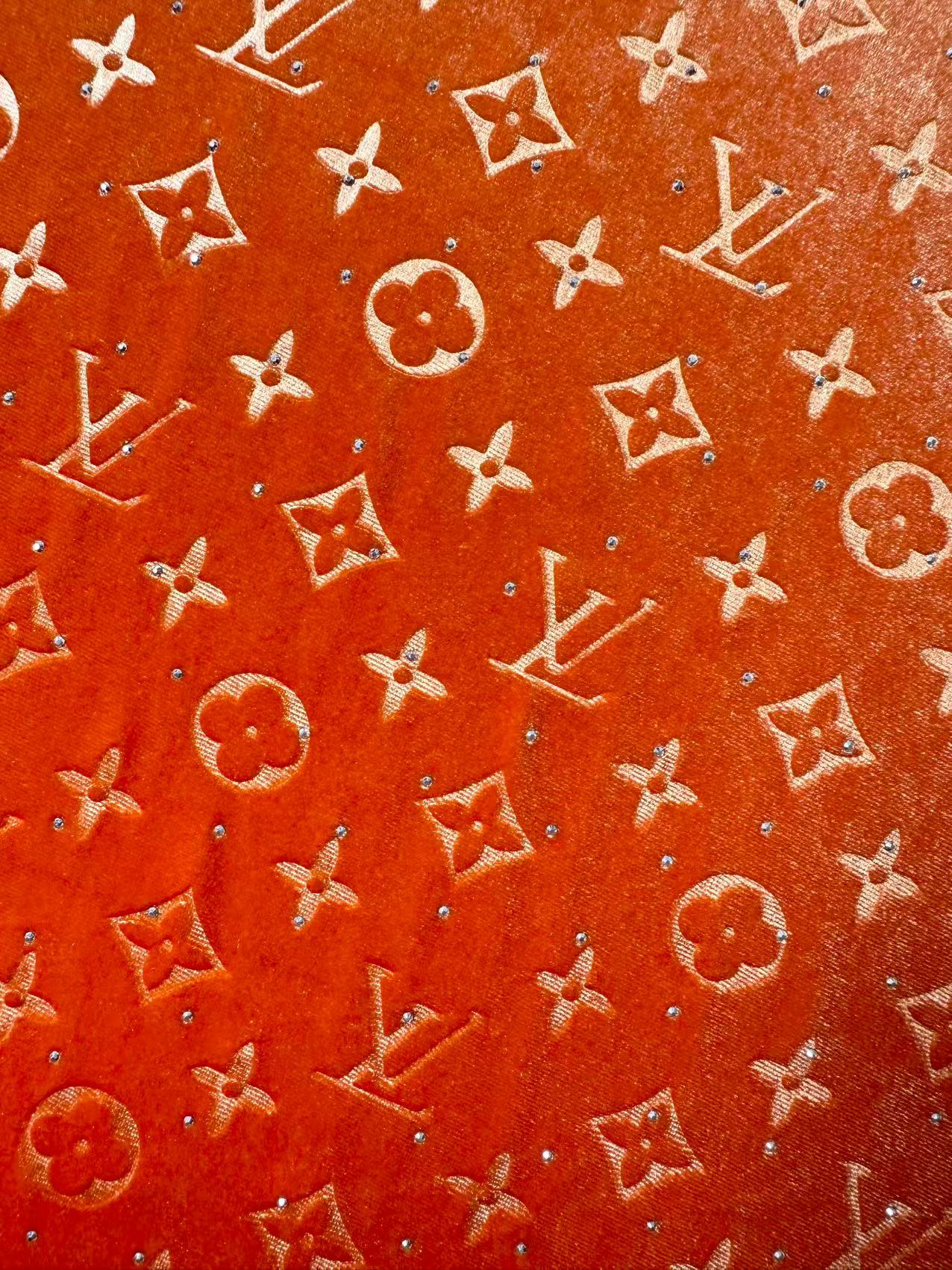 Fashion Luxury LV With Diamond Knitting Velvet Fabric For Handmade Sneaker, Upholstery ,Apparel By Yard(Orange)