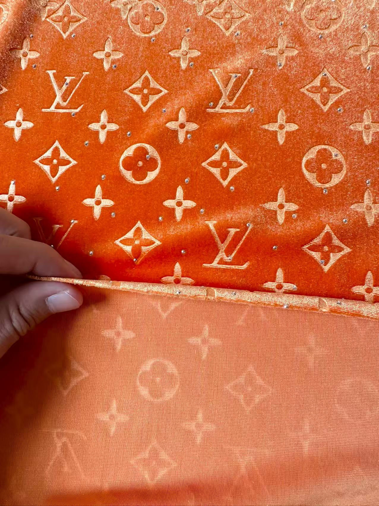 Fashion Luxury LV With Diamond Knitting Velvet Fabric For Handmade Sneaker, Upholstery ,Apparel By Yard(Orange)