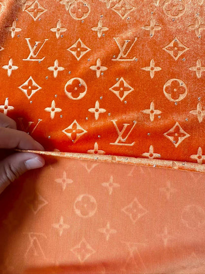Fashion Luxury LV With Diamond Knitting Velvet Fabric For Handmade Sneaker, Upholstery ,Apparel By Yard(Orange)