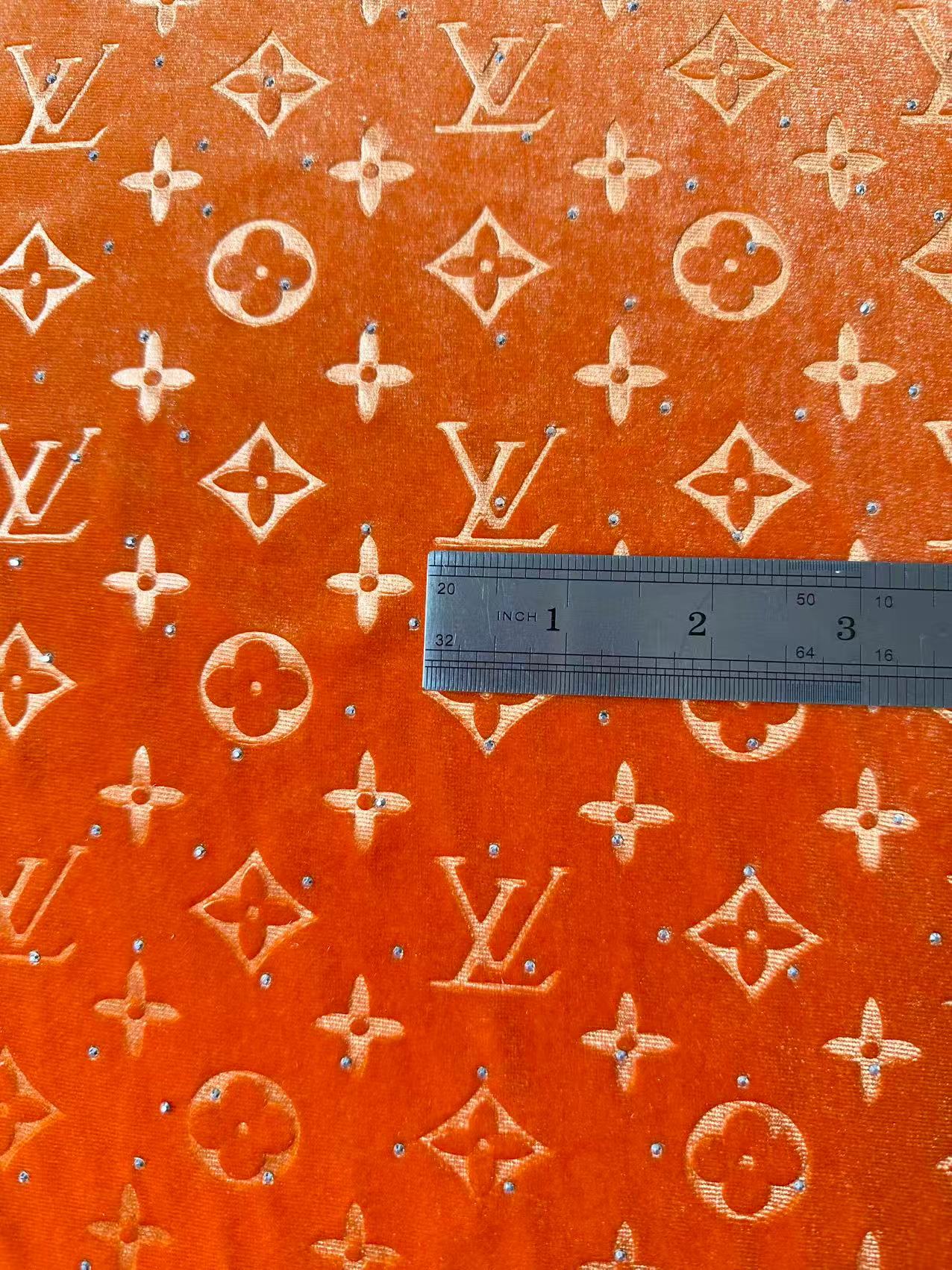 Fashion Luxury LV With Diamond Knitting Velvet Fabric For Handmade Sneaker, Upholstery ,Apparel By Yard(Orange)