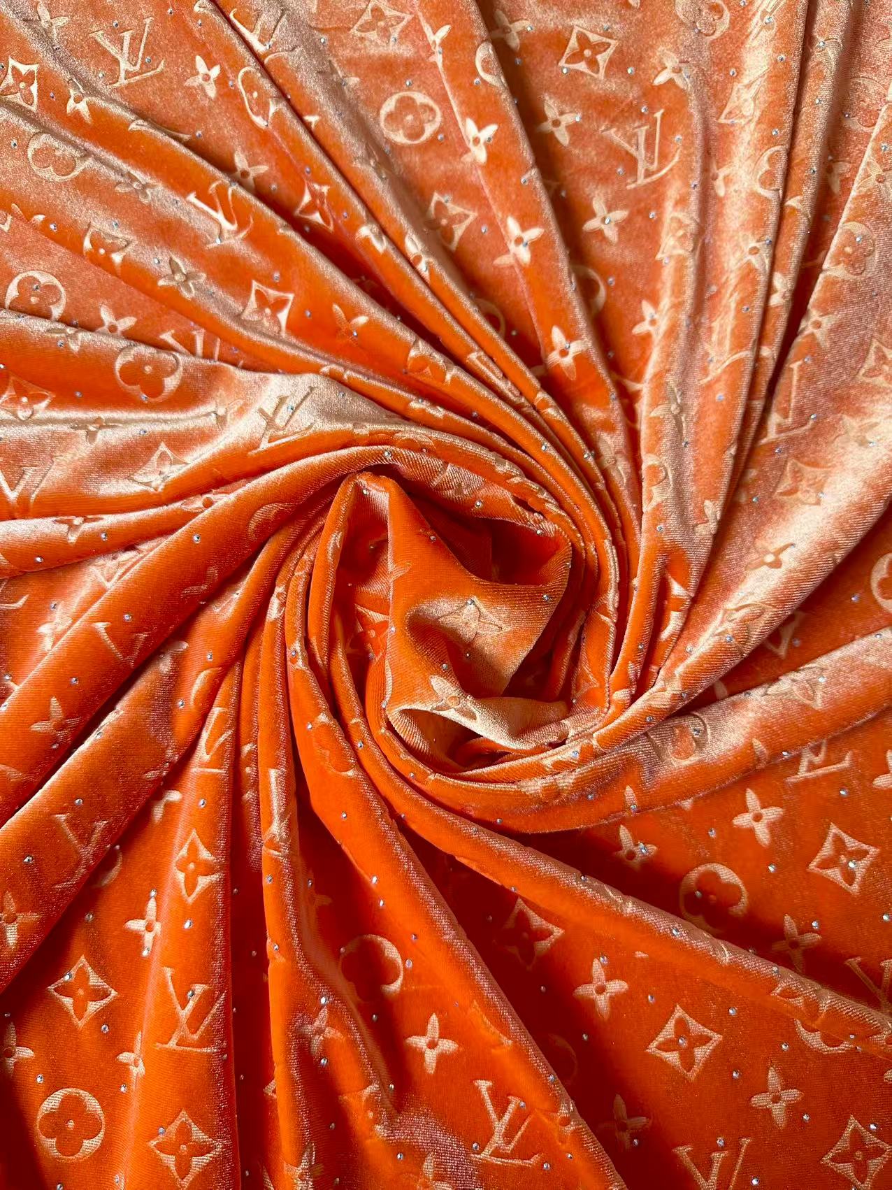 Fashion Luxury LV With Diamond Knitting Velvet Fabric For Handmade Sneaker, Upholstery ,Apparel By Yard(Orange)