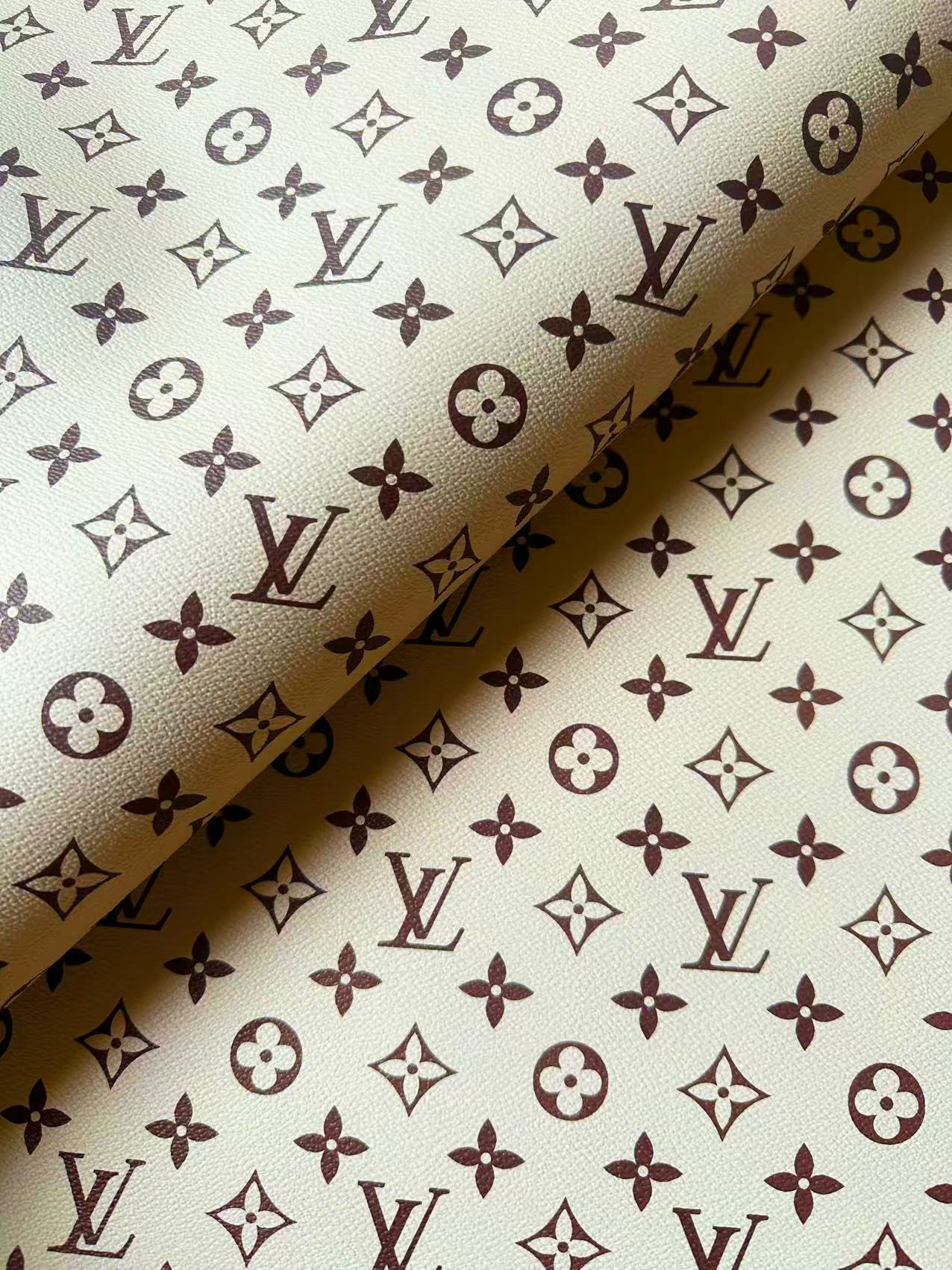 Craft Ivory With Brown LV Vinyl Leather Fabric For Handmade Sneaker,Bag ,Upholstery Goods By Yard