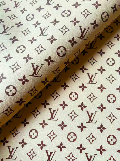 Craft Ivory With Brown LV Vinyl Leather Fabric For Handmade Sneaker,Bag ,Upholstery Goods By Yard