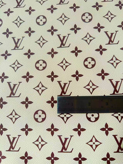 Craft Ivory With Brown LV Vinyl Leather Fabric For Handmade Sneaker,Bag ,Upholstery Goods By Yard