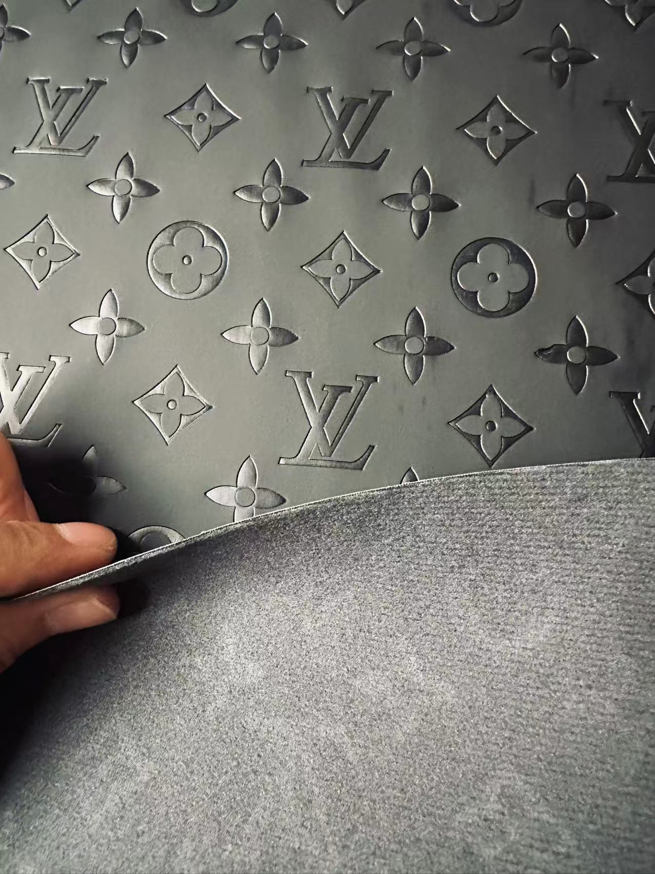 Fashion Smooth Design Black LV Embossed Leather Fabric For Handmade Sneaker,Upholstery,Bag Goods By Yard