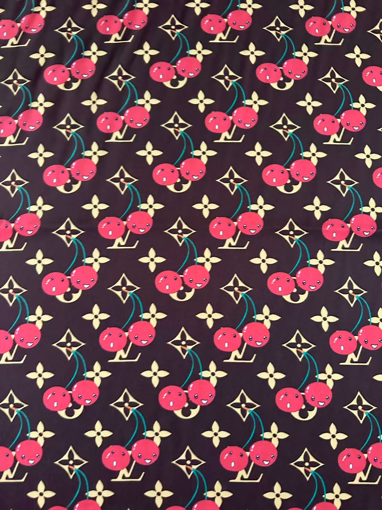 Craft  Brown LV With Cherry Silk Printing Cloth Fabric For Handmade Handicraft Goods By Yard